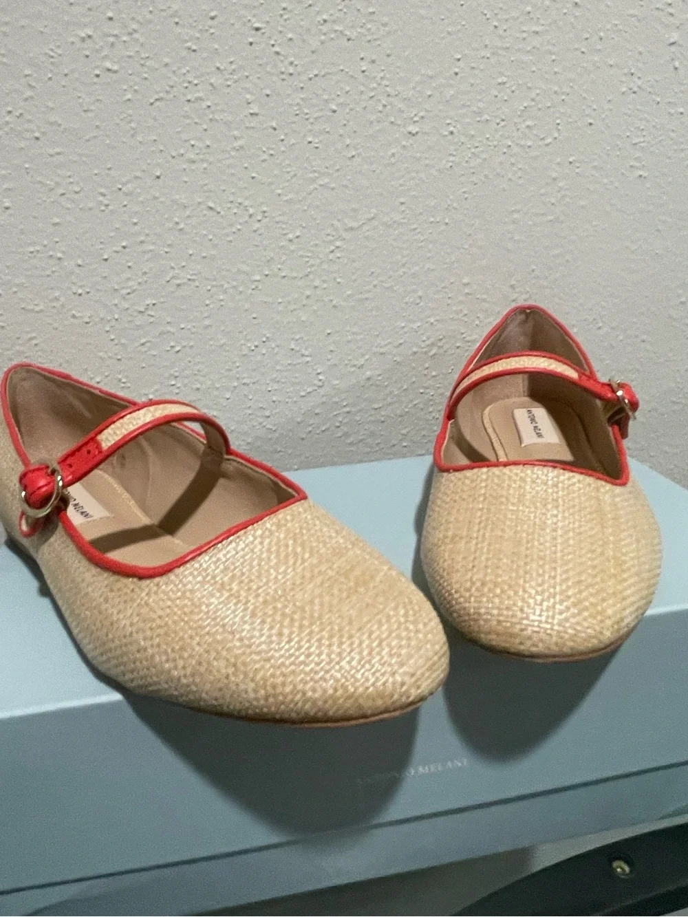 ANTONIO MELANI Natural Raffia Mary Jane Flats with Coral Trim